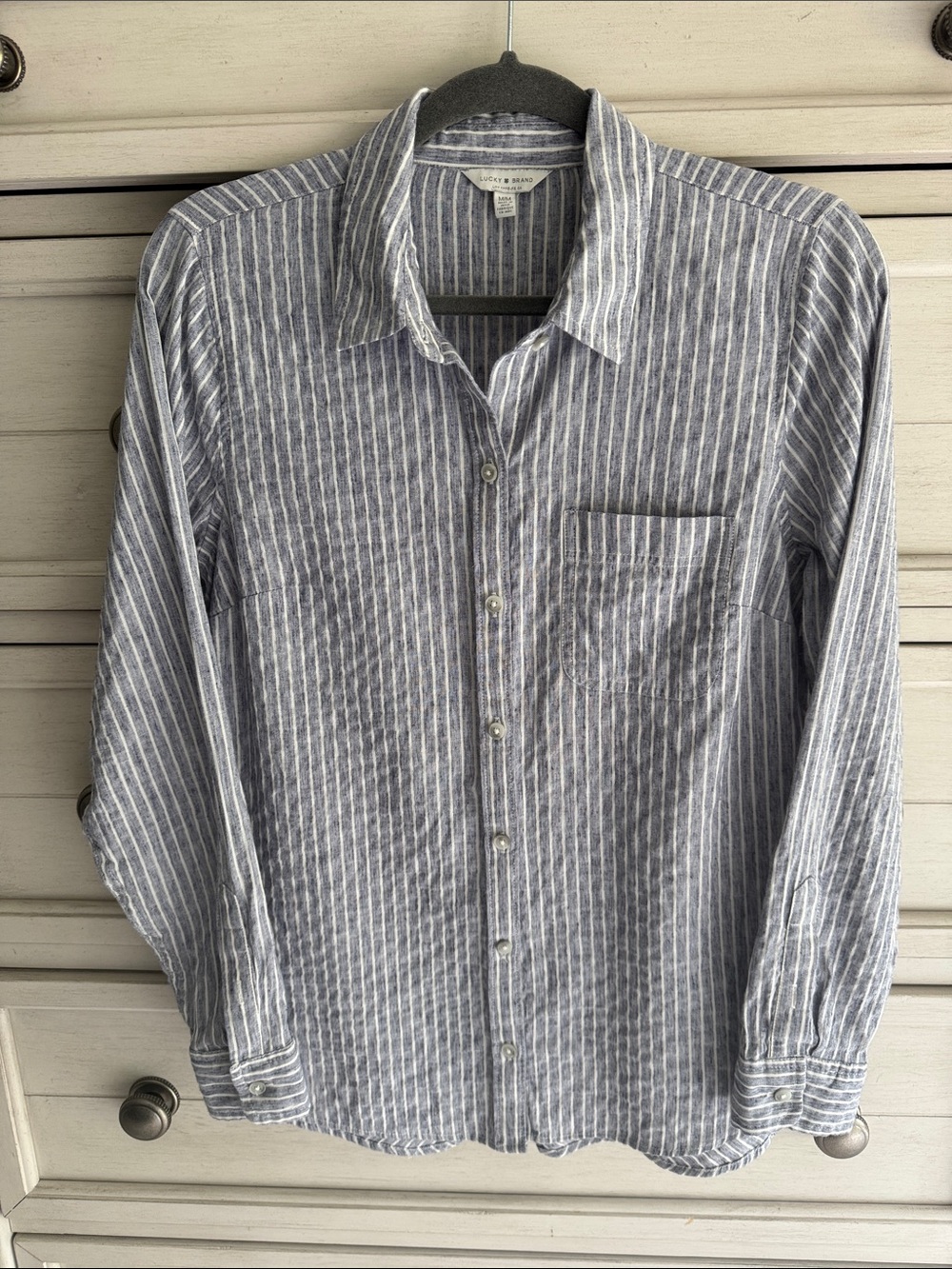 Lucky Brand Blue-White Vertical Stripe Button Down W/ Cute Button Detail On Back